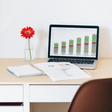 Modern home office with laptop displaying financial charts and a red flower in a vase for a touch of style.