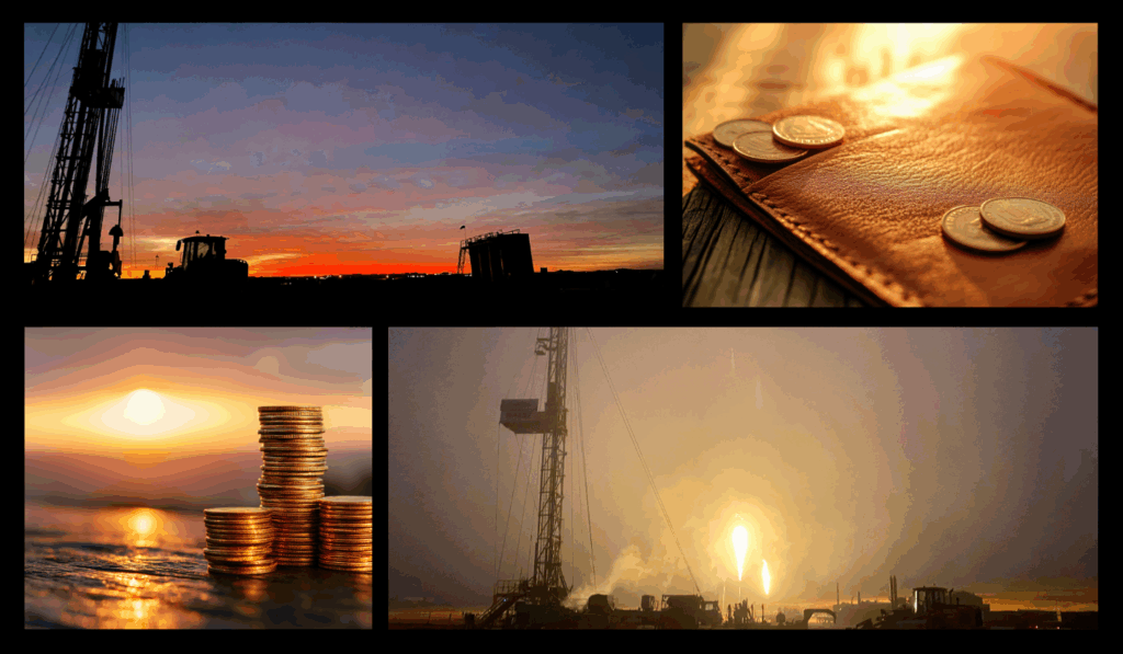 Sunset views with coins, a book, and an industrial scene at dusk.